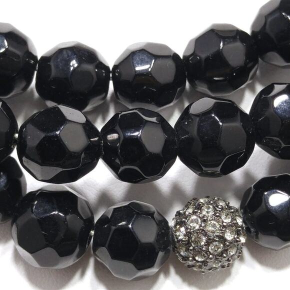 Vintage Black Glass Rhinestone 3 Strand Bead Necklace, Strung Wire, 1990s, 18" - Picture 6 of 7